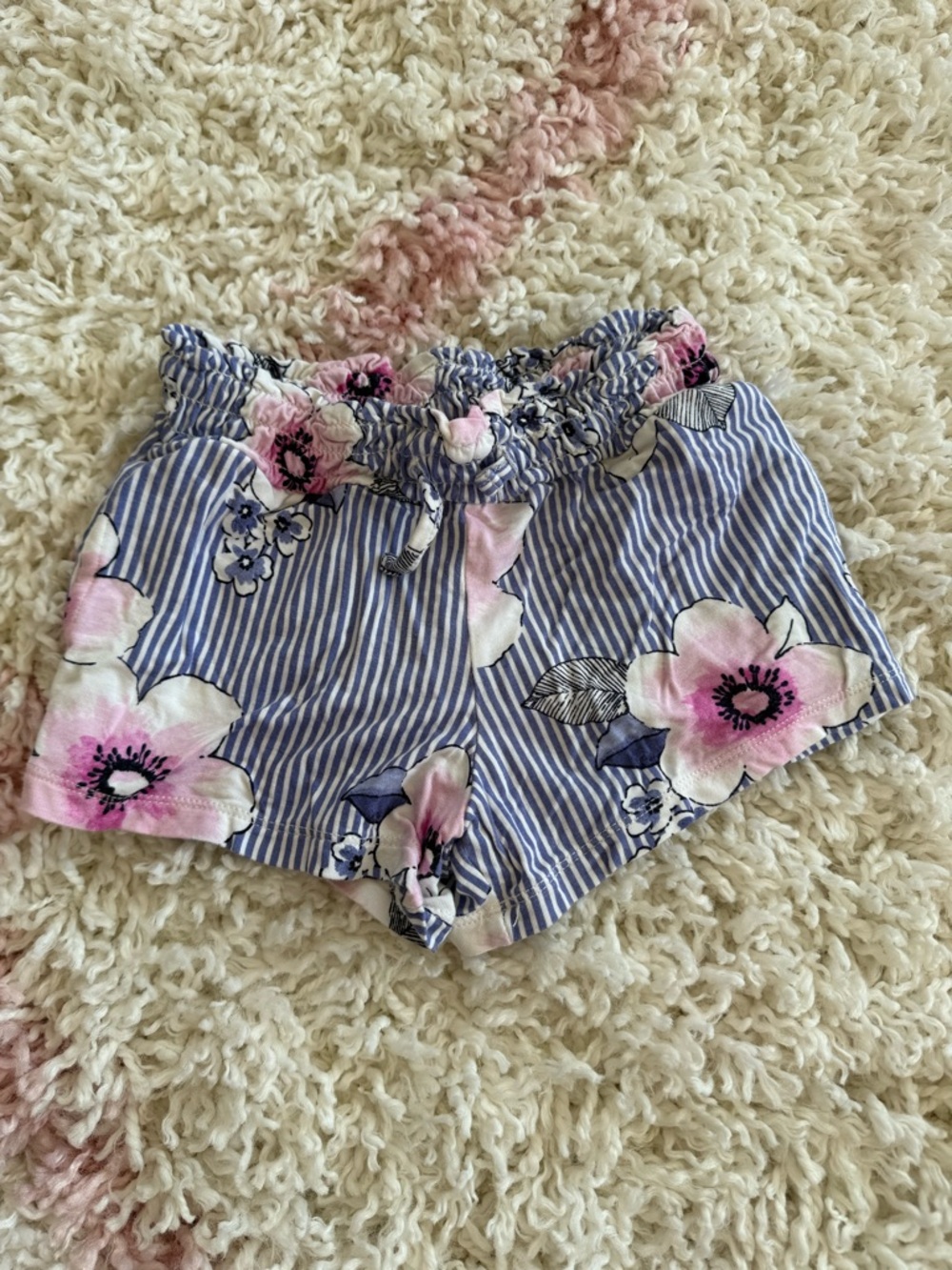 Girls' Striped Blue Floral Elastic-Waist Shorts 3T